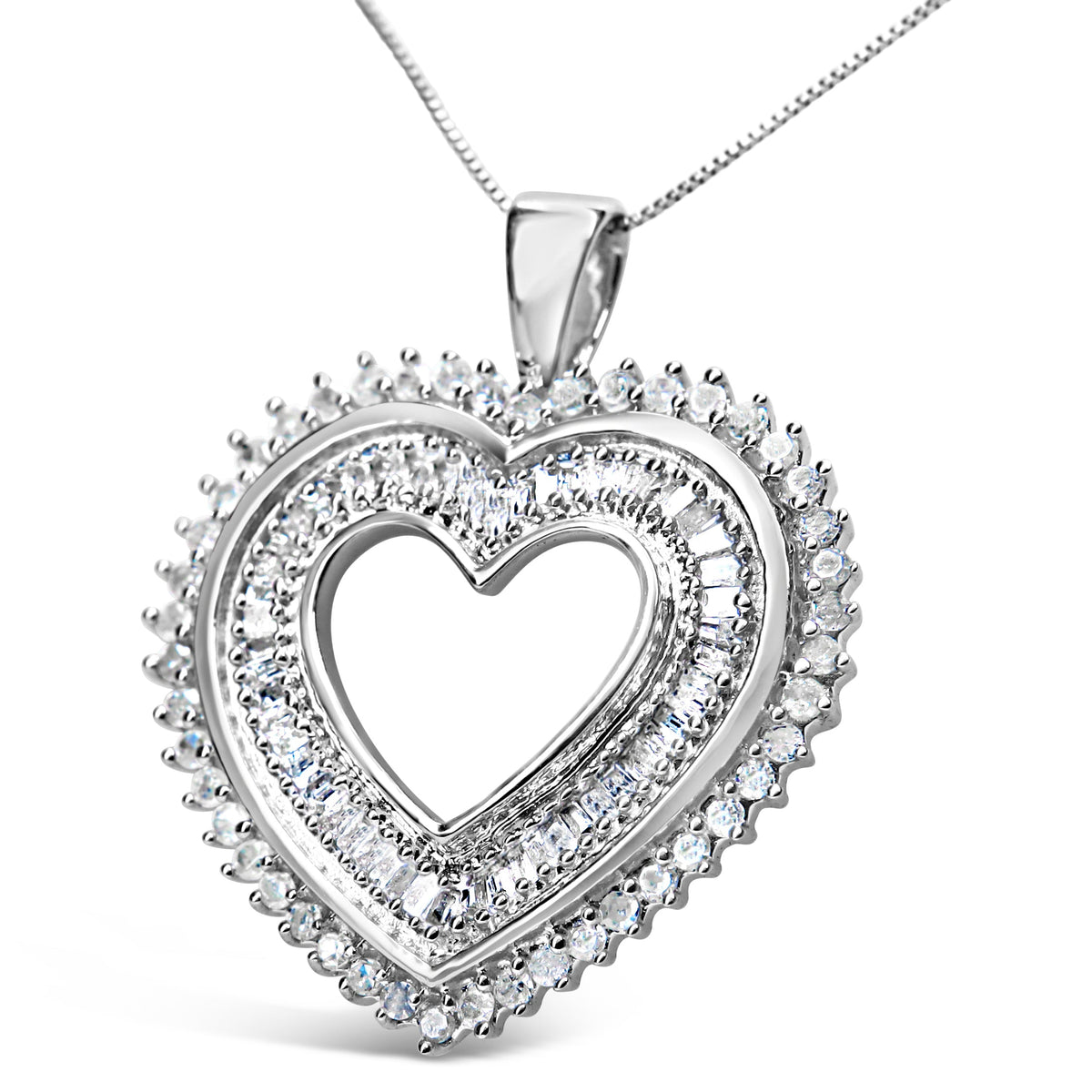 .925 Sterling Silver 1.0 Cttw Baguette and Round Diamond  Heart Pendant 18