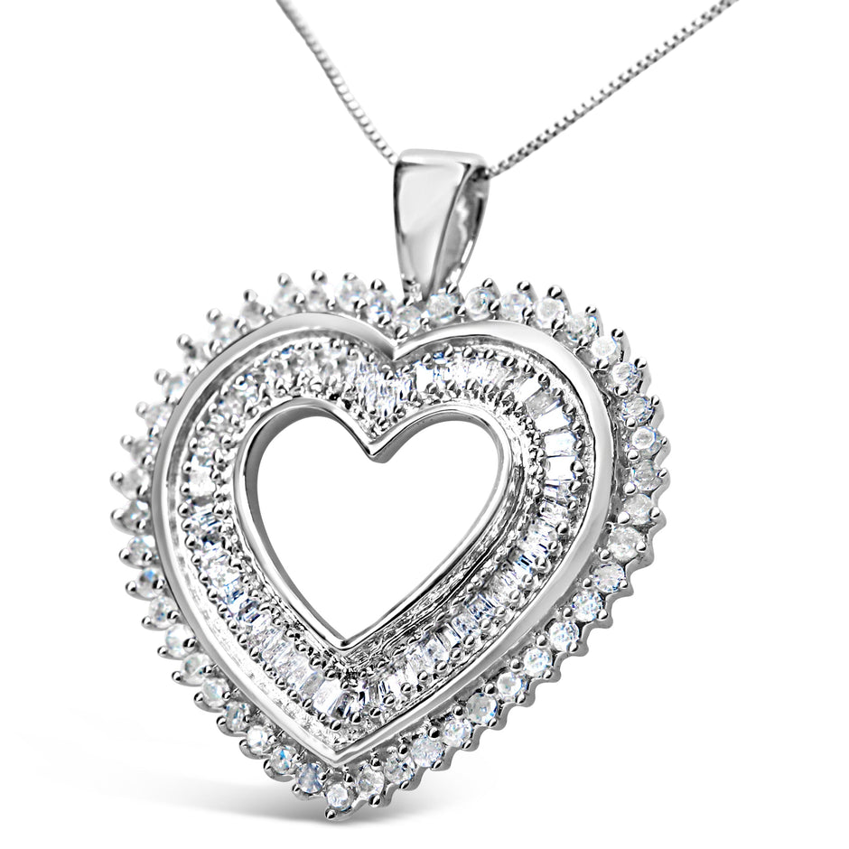 .925 Sterling Silver 1.0 Cttw Baguette and Round Diamond  Heart Pendant 18