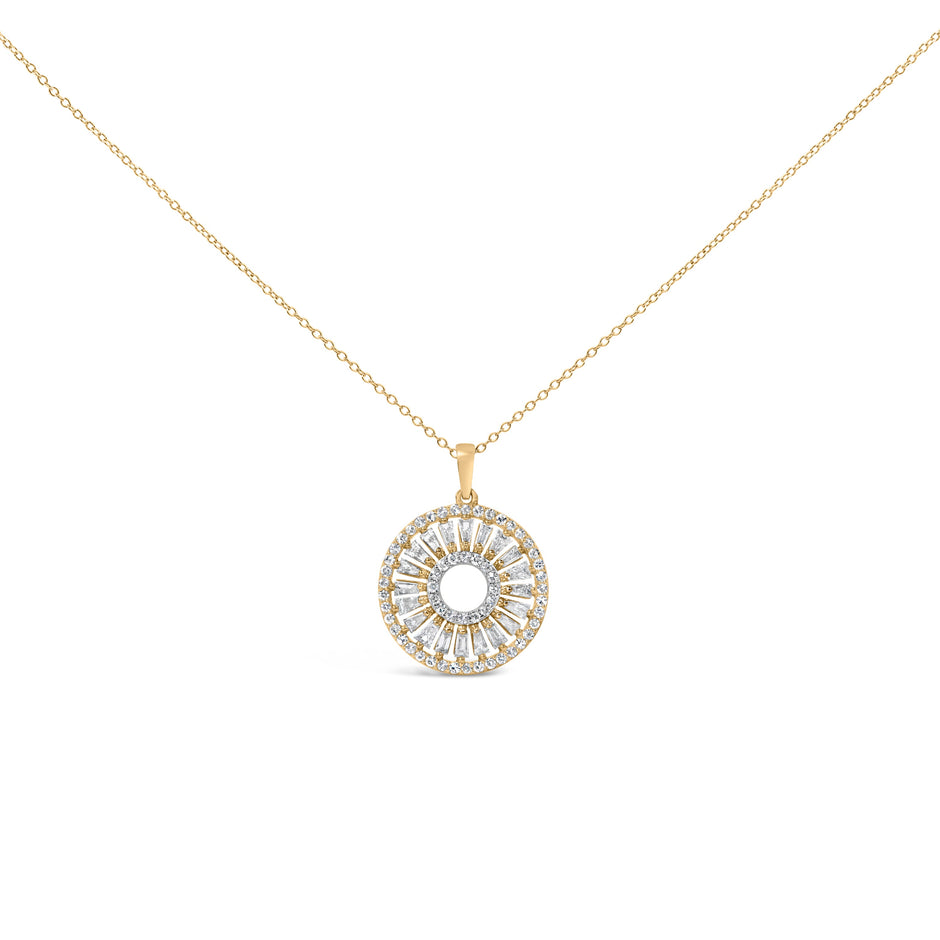 14K Yellow Gold Plated Sterling Silver 1 1/6 Cttw Diamond Sunburst Medallion Pendant Necklace