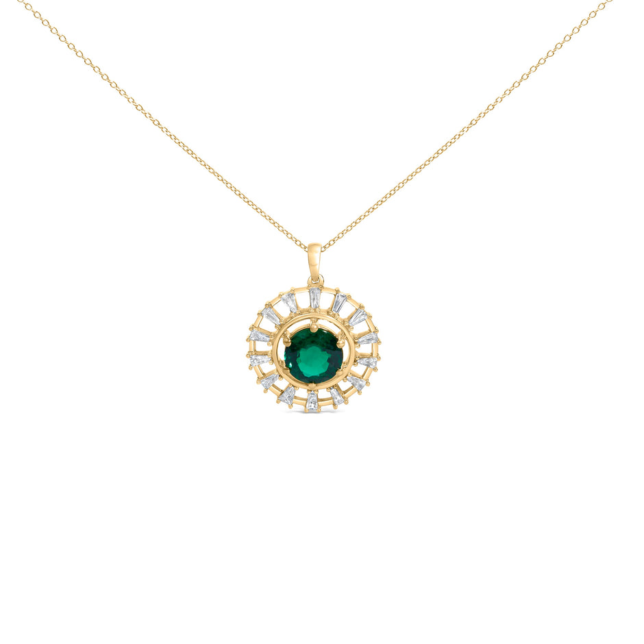 14KT Yellow Gold Plated .925 Sterling Silver Lab Grown Emerald and Baguette Diamond Medallion Pendant Necklace