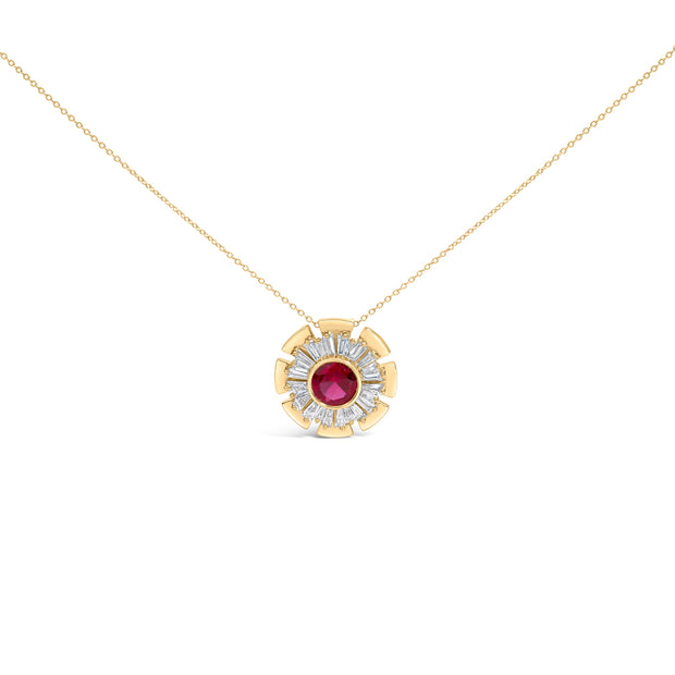 14K Yellow Gold Plated Silver Created Red Ruby and Diamond Baguette Medallion Pendant Necklace