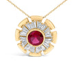 14K Yellow Gold Plated Silver Created Red Ruby and Diamond Baguette Medallion Pendant Necklace