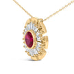 14K Yellow Gold Plated Silver Created Red Ruby and Diamond Baguette Medallion Pendant Necklace