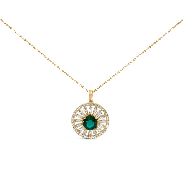 14K Yellow Gold Plated Sterling Silver Lab Grown Emerald and Diamond Sunburst Medallion Pendant Necklace