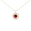 14K Yellow Gold Plated Silver Created Red Ruby and Baguette Diamond Sunburst Medallion Pendant Necklace