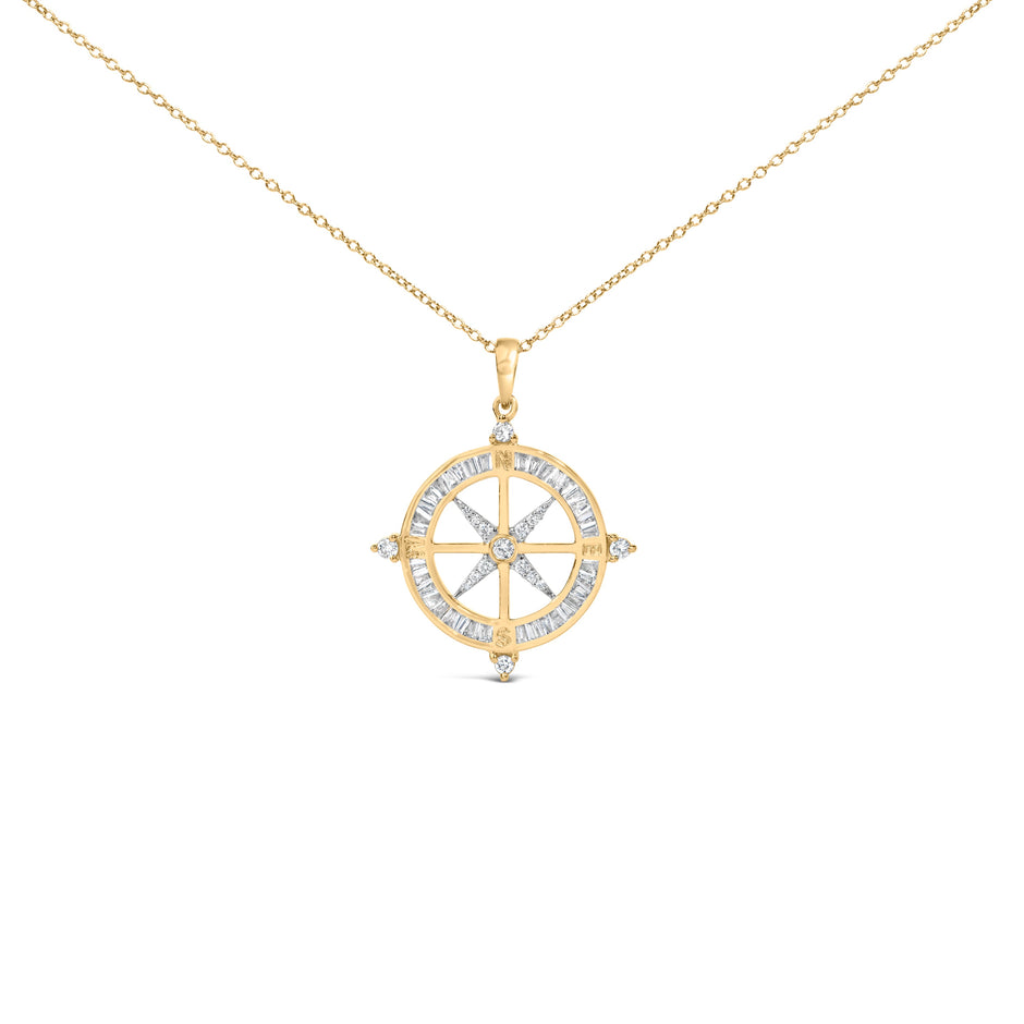 14K Yellow Gold Plated Sterling Silver 3/4 Cttw Diamond Compass Medallion Pendant Necklace