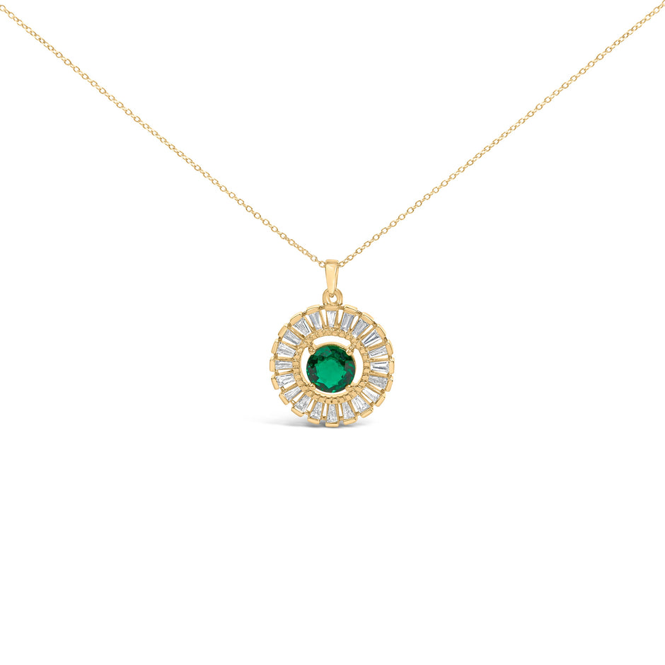 14K Yellow Gold Plated Silver Lab Grown Emerald and Diamond Sunburst Medallion Pendant Necklace