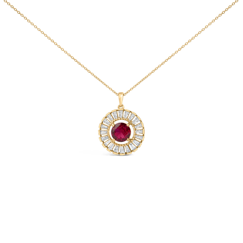 14K Yellow Gold Plated Sterling Silver Lab Grown Ruby and Diamond Medallion Pendant Necklace