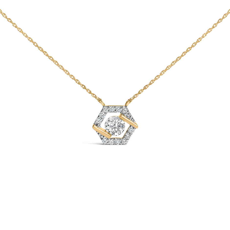 10K Yellow Gold Plated Silver 1.0 Cttw Lab Grown Diamond Hexagon Halo Necklace