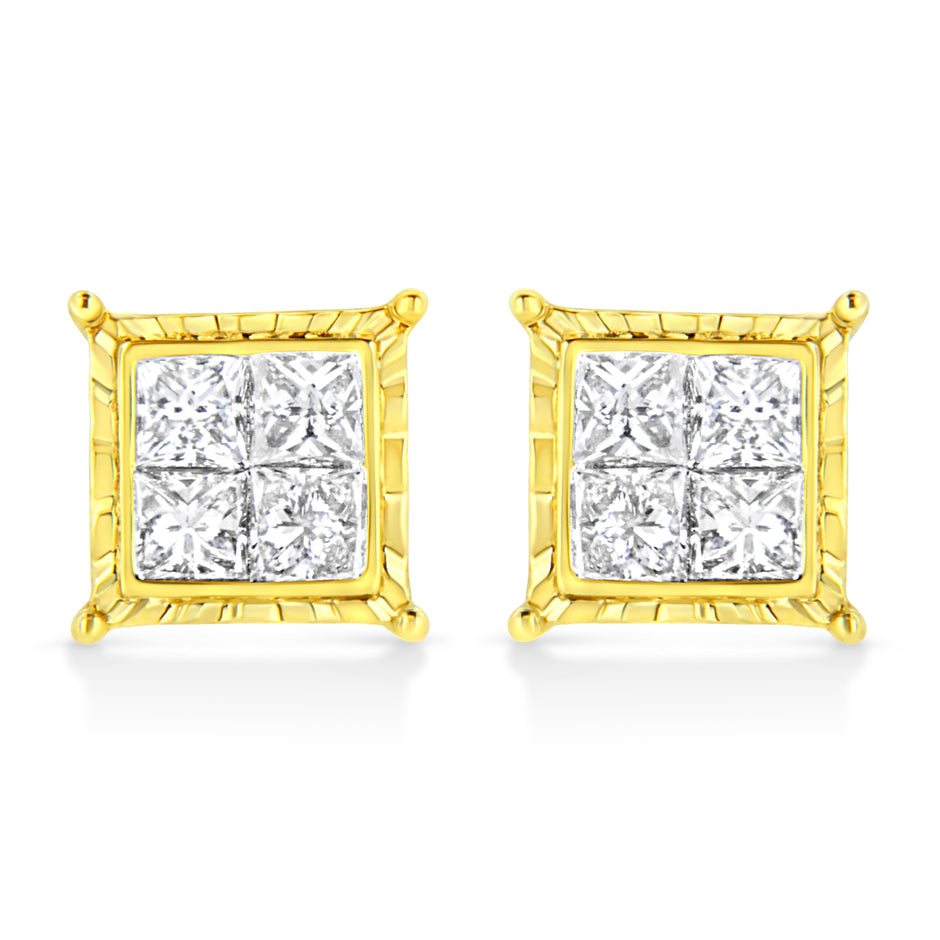 14K Yellow Gold 1 Cttw Princess Cut Diamond Square Stud Earrings