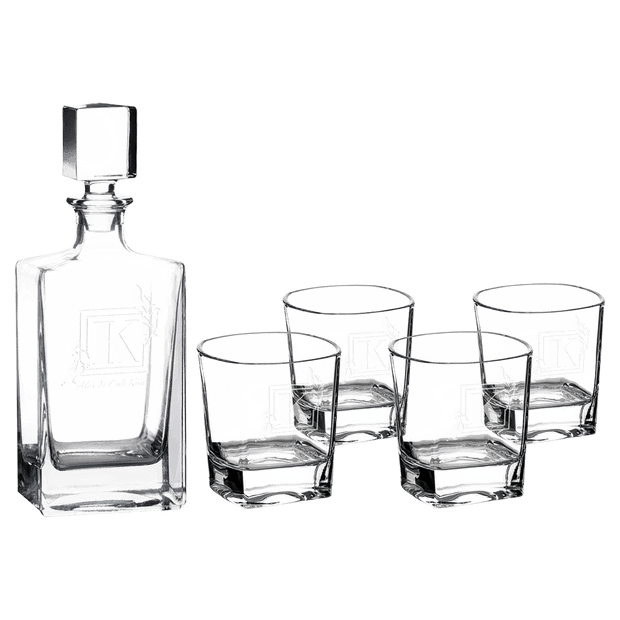 810ml Custom Glass Decanter Gift Set with Four 8oz Glasses – Black Presentation Box with Printed Sleeve - Barware - Custom Crafting Alliance, LLC