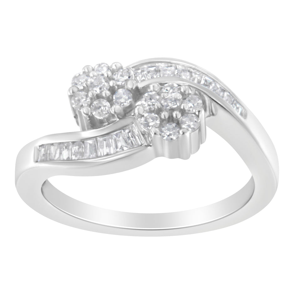 14K White Gold Round and Baguette Diamond Bypass Ring (1/2 cttw, H-I Color, I1-I2 Clarity) - Ring Size 6