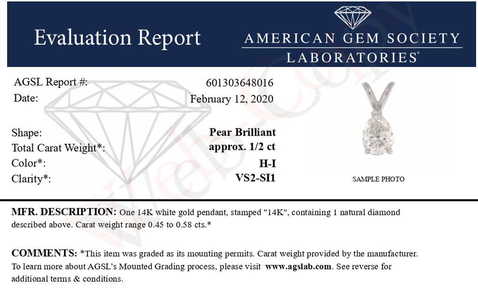 AGS Certified 14K White Gold 1/2 Cttw Diamond Pear 18