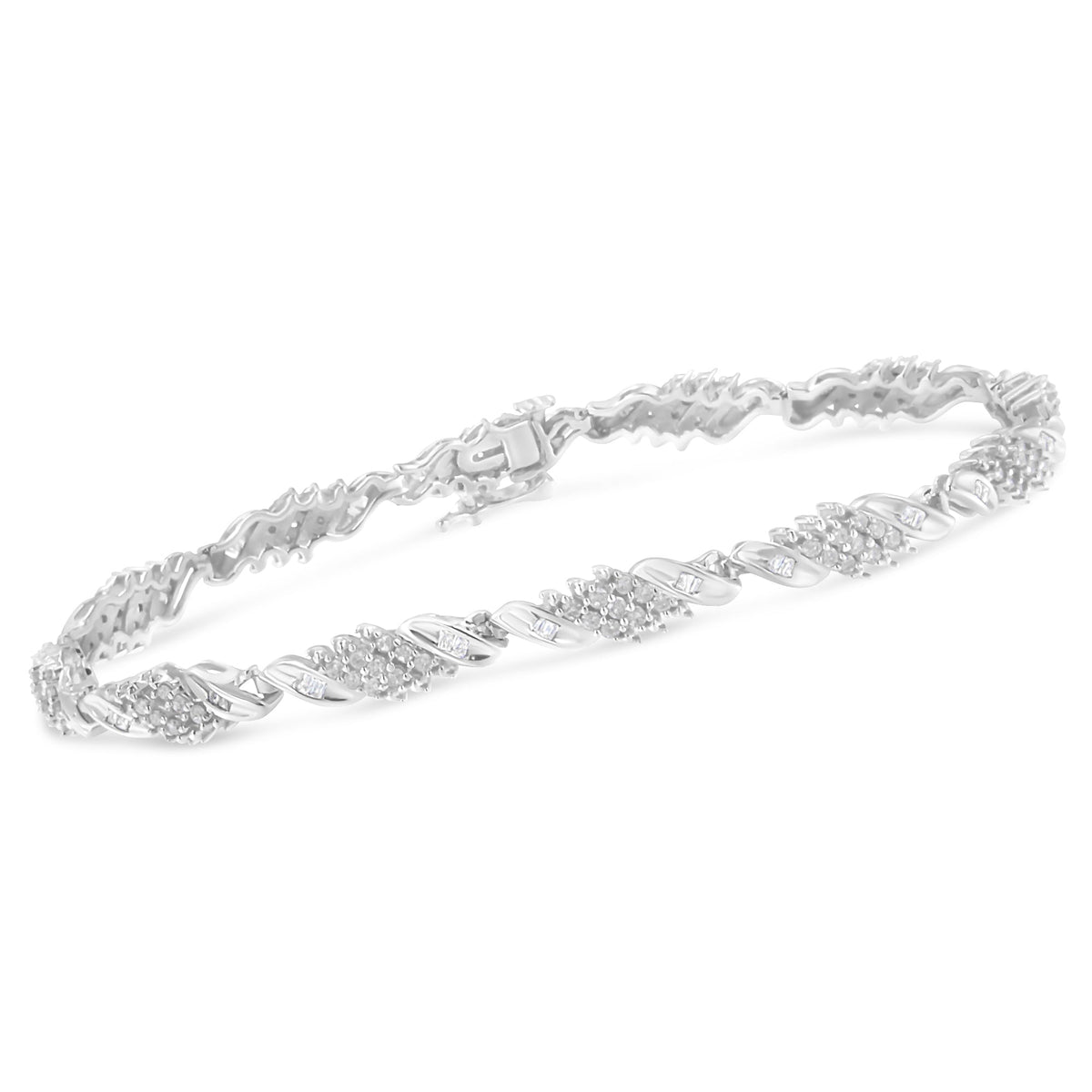 .925 Sterling Silver 1-1/2 Cttw Round and Baguette Cut Diamond Wave Link Bracelet (I-J Color, I2-I3 Clarity) - 7