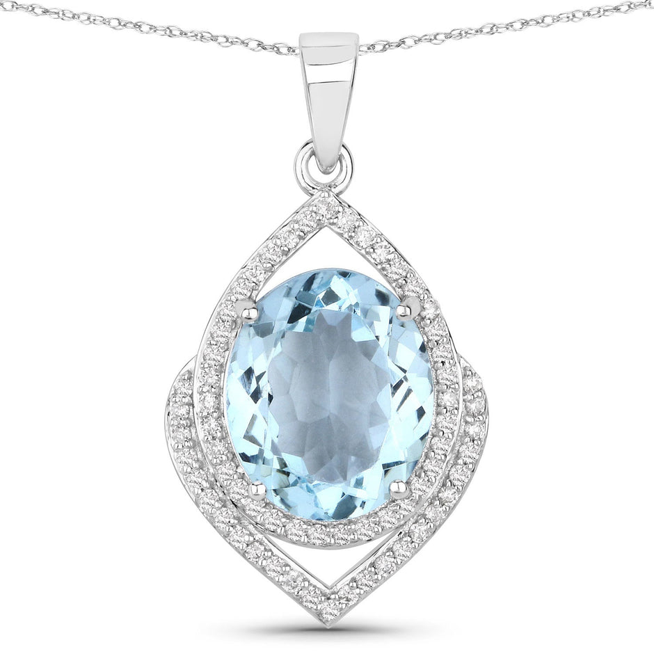 3.82 Carat Genuine Aquamarine and White Diamond 14K White Gold Pendant