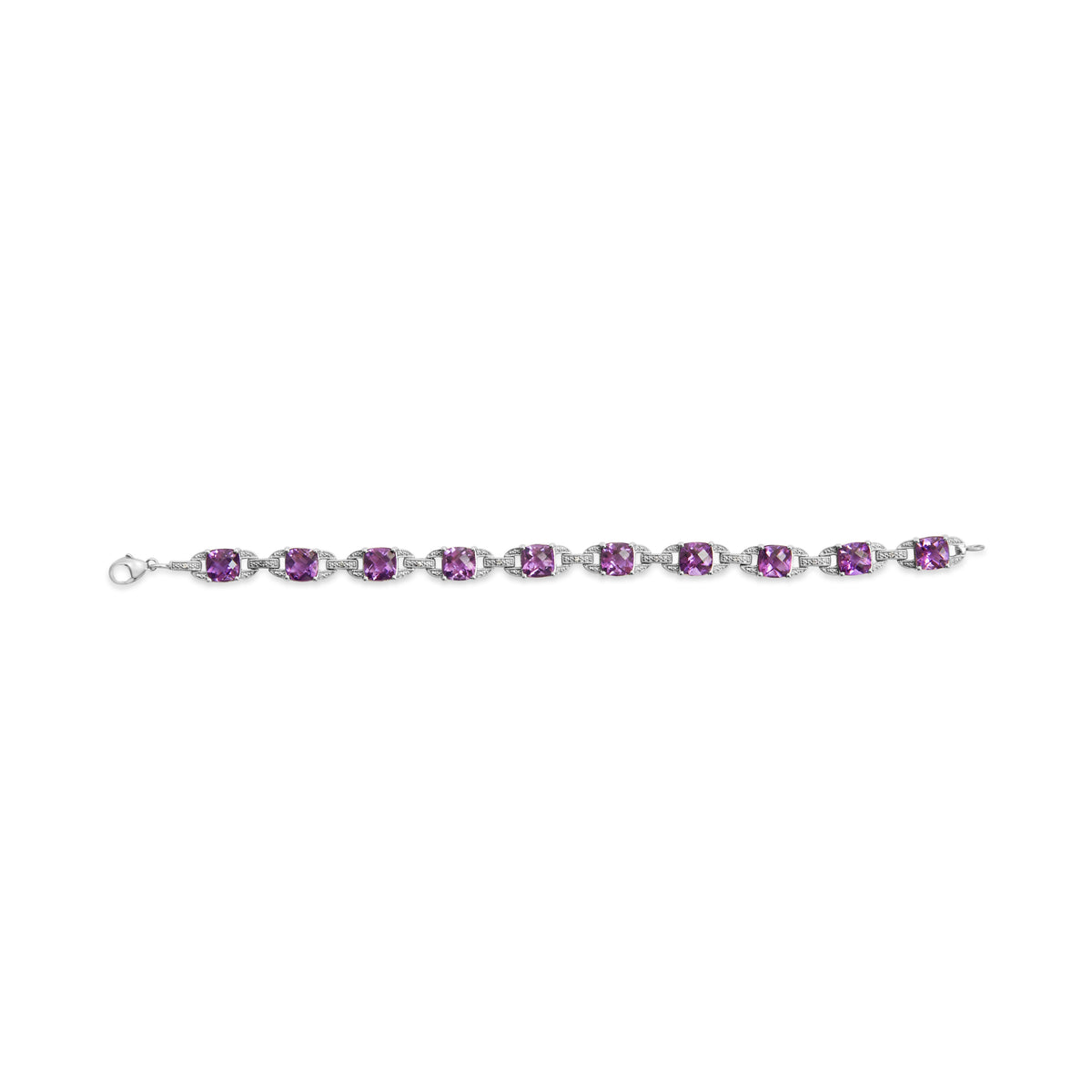 .925 Sterling Silver 7mm Cushion Cut Amethyst Gemstone and Diamond Tennis Link Bracelet (I-J Color, I1-I2 Clarity) - Size 7