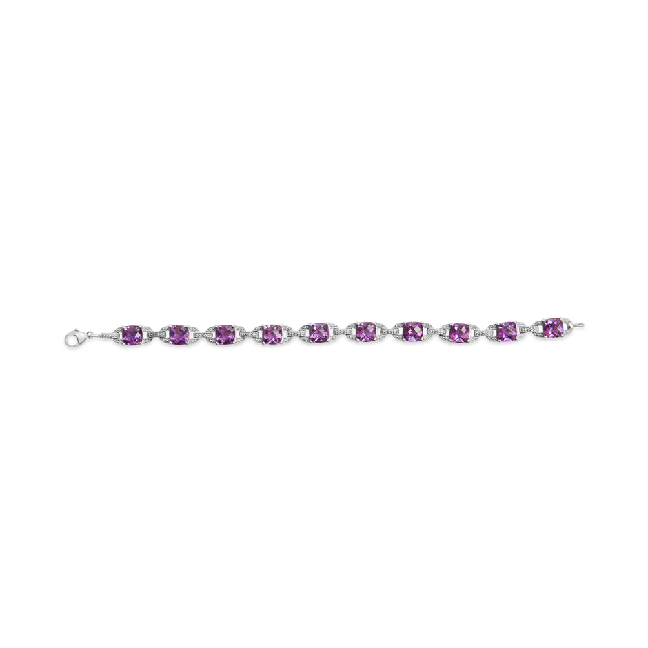 .925 Sterling Silver 7mm Cushion Cut Amethyst Gemstone and Diamond Tennis Link Bracelet (I-J Color, I1-I2 Clarity) - Size 7