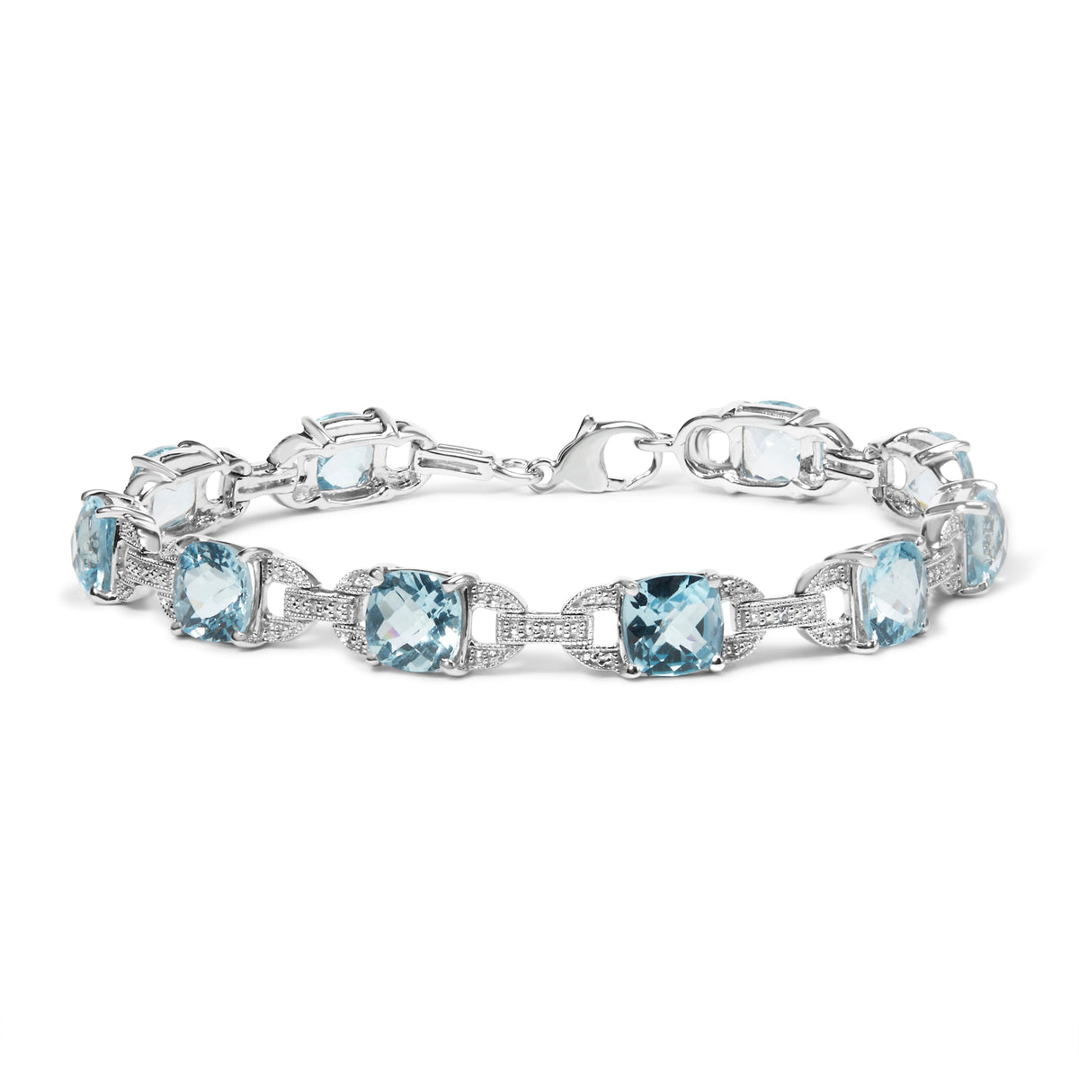 .925 Sterling Silver 7x7 mm Cushion Cut Blue Topaz and 1/20 cttw Round Cut Diamond Fashion Tennis Bracelet (I-J Color, I1-I2 Clarity) - 7