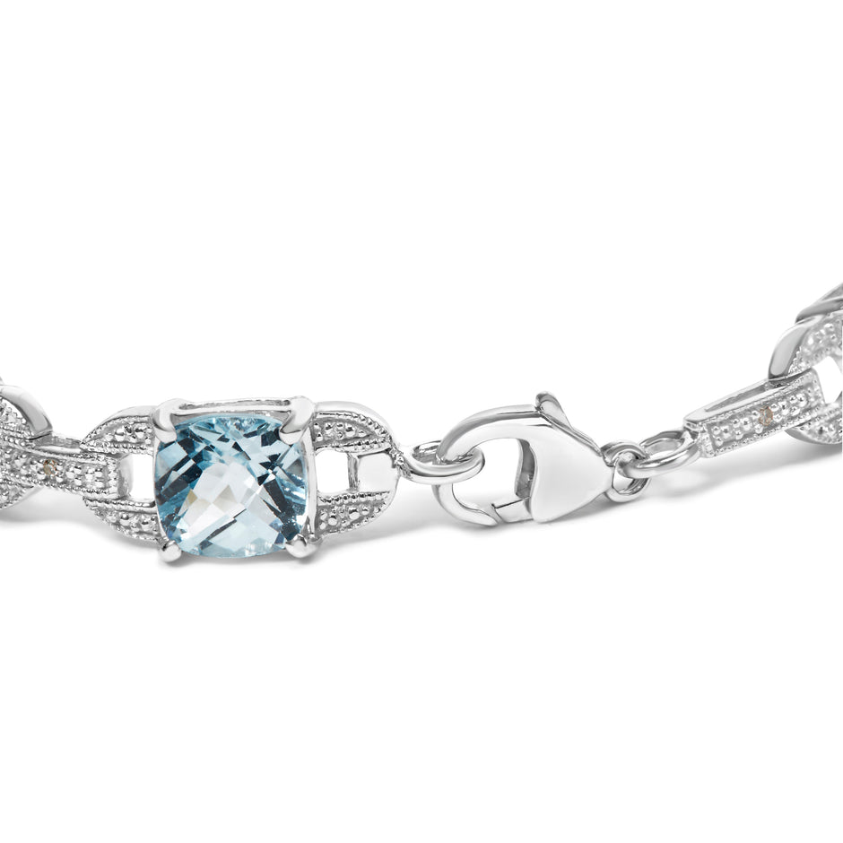 .925 Sterling Silver 7x7 mm Cushion Cut Blue Topaz and 1/20 cttw Round Cut Diamond Fashion Tennis Bracelet (I-J Color, I1-I2 Clarity) - 7
