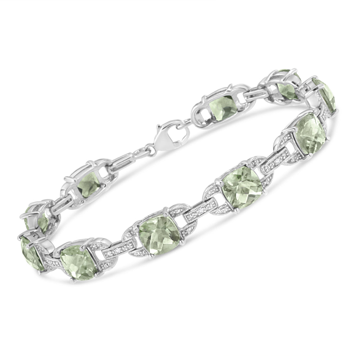 .925 Sterling Silver 7x7 mm Cushion Cut Green Amethyst and 1/20 cttw Round Cut Diamond Fashion Tennis Bracelet (I-J Color, I1-I2 Clarity) - 7