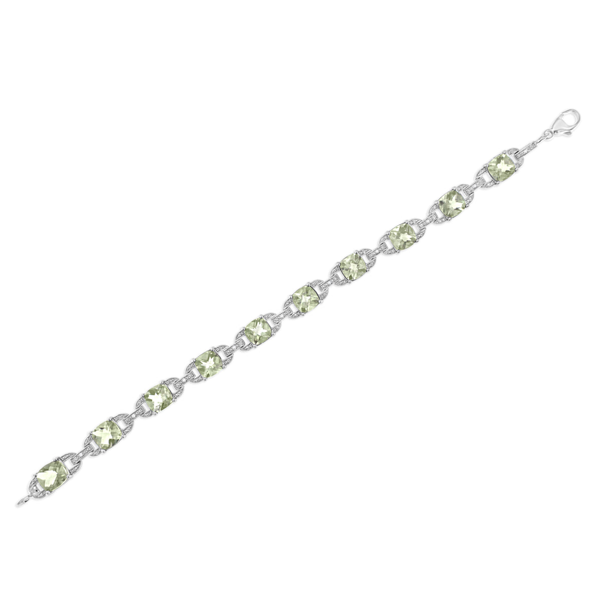 .925 Sterling Silver 7x7 mm Cushion Cut Green Amethyst and 1/20 cttw Round Cut Diamond Fashion Tennis Bracelet (I-J Color, I1-I2 Clarity) - 7