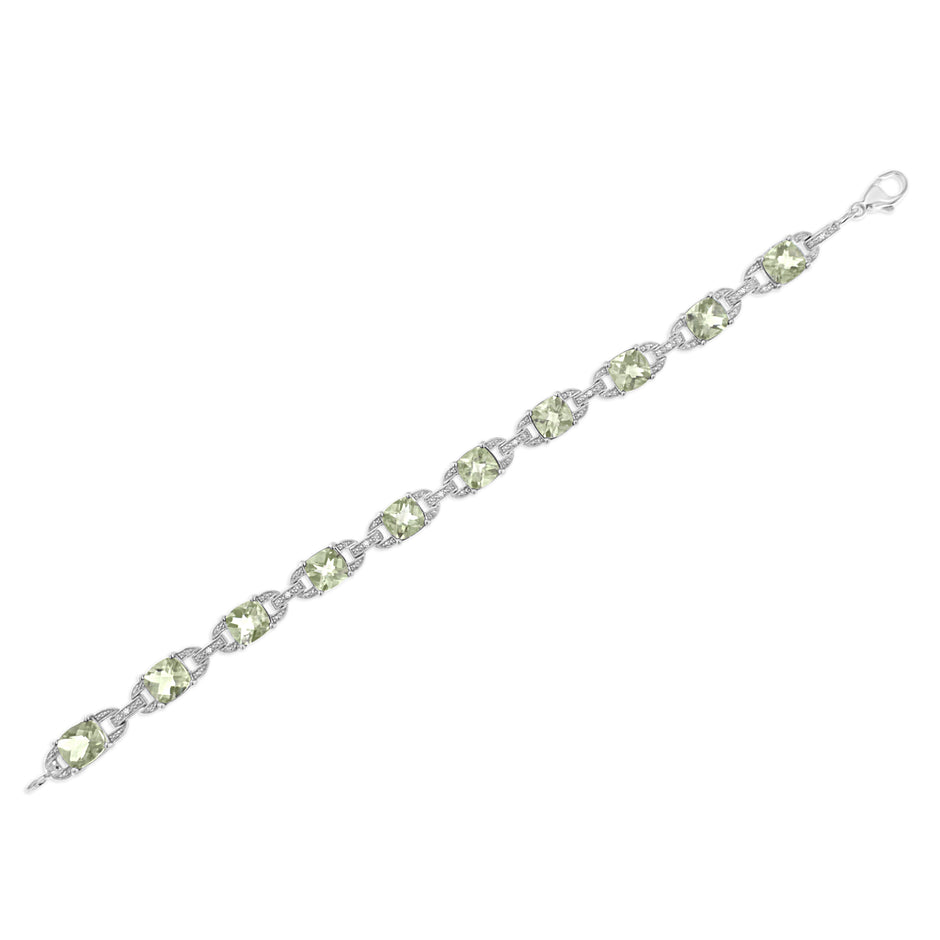 .925 Sterling Silver 7x7 mm Cushion Cut Green Amethyst and 1/20 cttw Round Cut Diamond Fashion Tennis Bracelet (I-J Color, I1-I2 Clarity) - 7