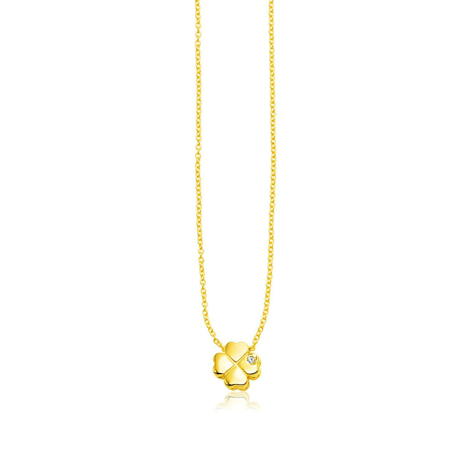 14k Yellow Gold Polished Four Leaf Clover Necklace with Diamond