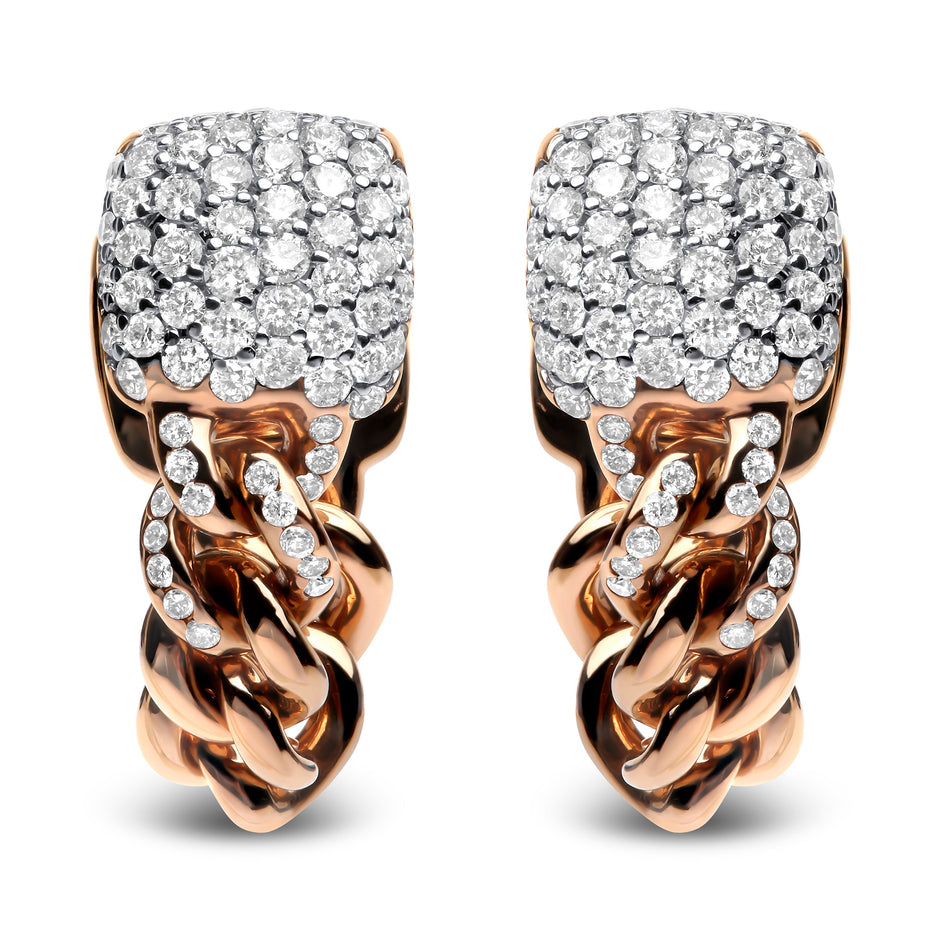 18K Rose Gold 3/4 Cttw Round Diamond Pave Cuban Chain Huggie Earrings (G-H Color, SI1-SI2 Clarity)