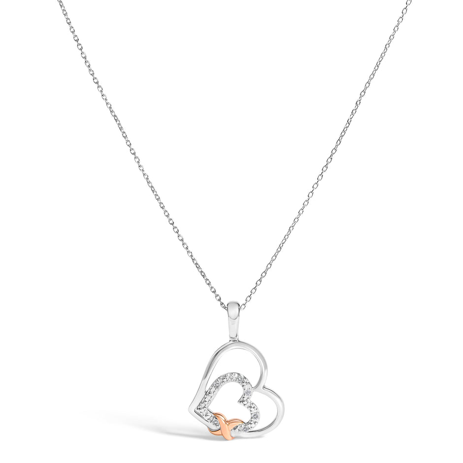 .925 Sterling Silver Double Heart Pendant Necklace with Diamond and 10K Rose Gold Accent