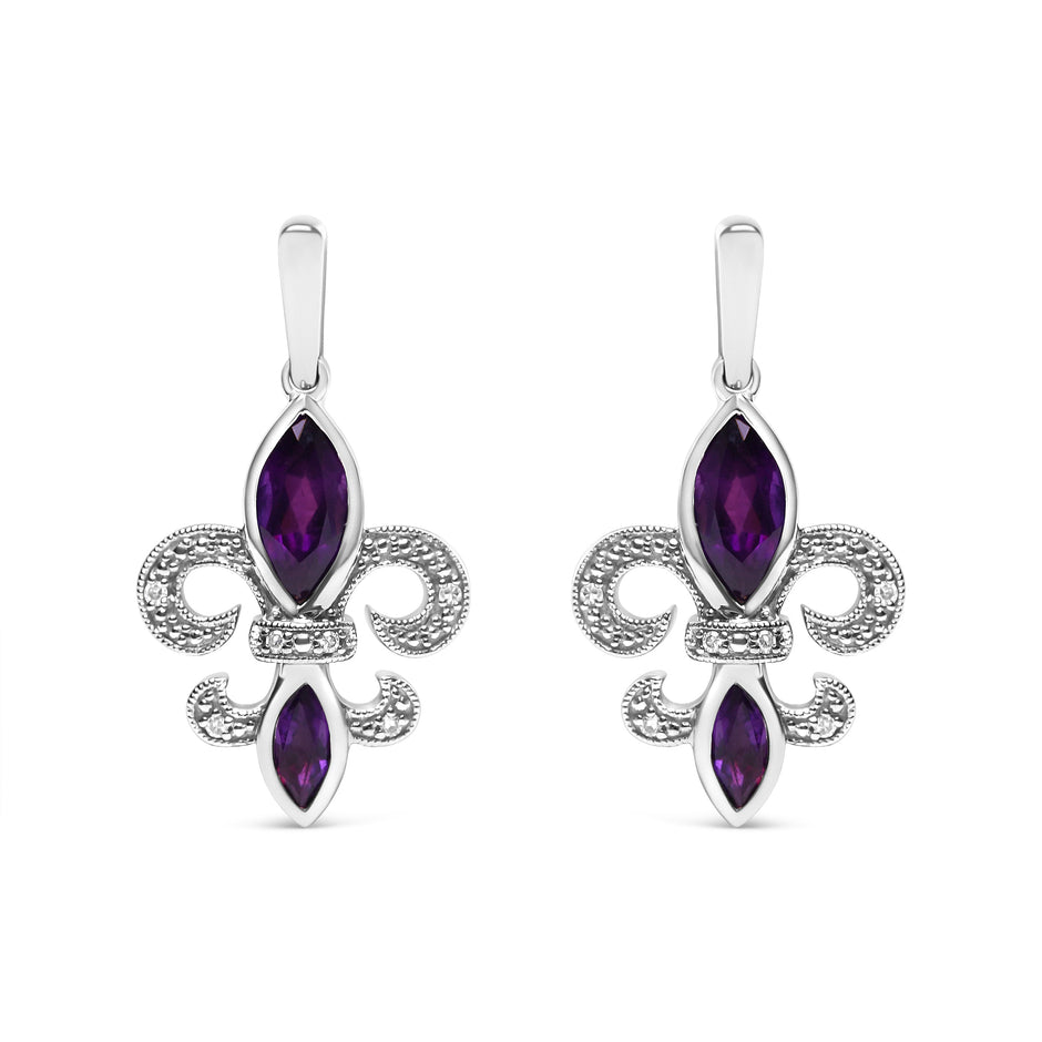 .925 Sterling Silver Marquise Cut Amethyst and Diamond Accent Fleur De Lis Dangle Stud Earrings (H-I Color, SI1-SI2 Clarity)