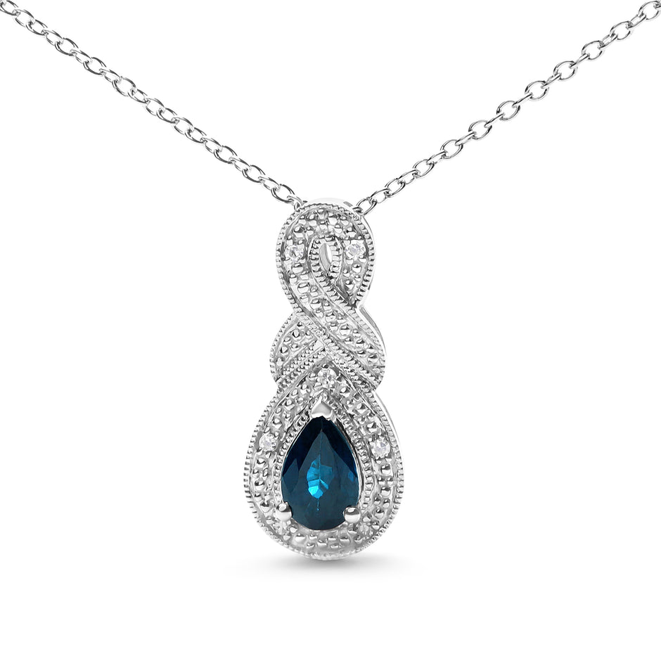 .925 Sterling Silver 6x4mm Pear Sapphire and Diamond Accent Infinity Drop 18