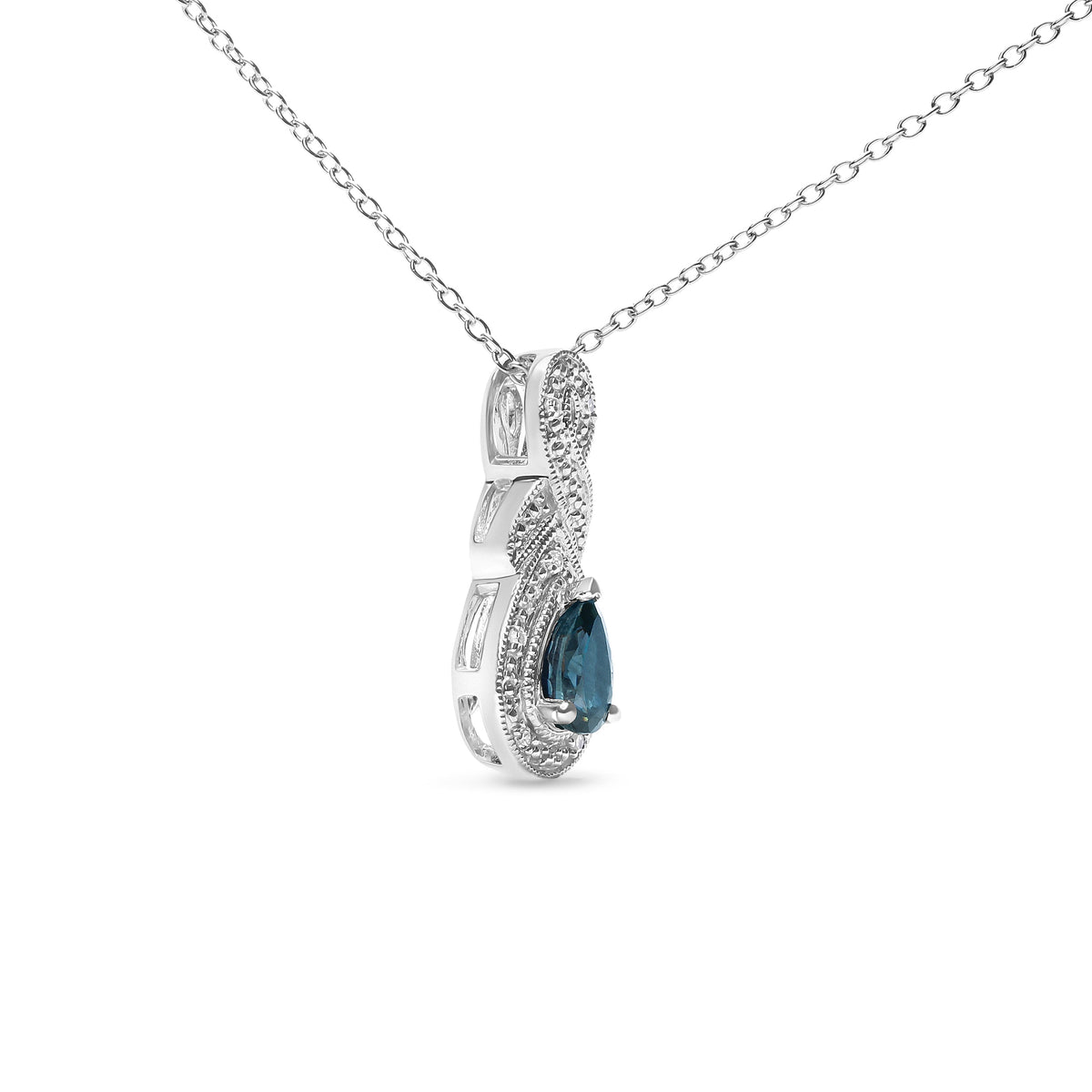 .925 Sterling Silver 6x4mm Pear Sapphire and Diamond Accent Infinity Drop 18