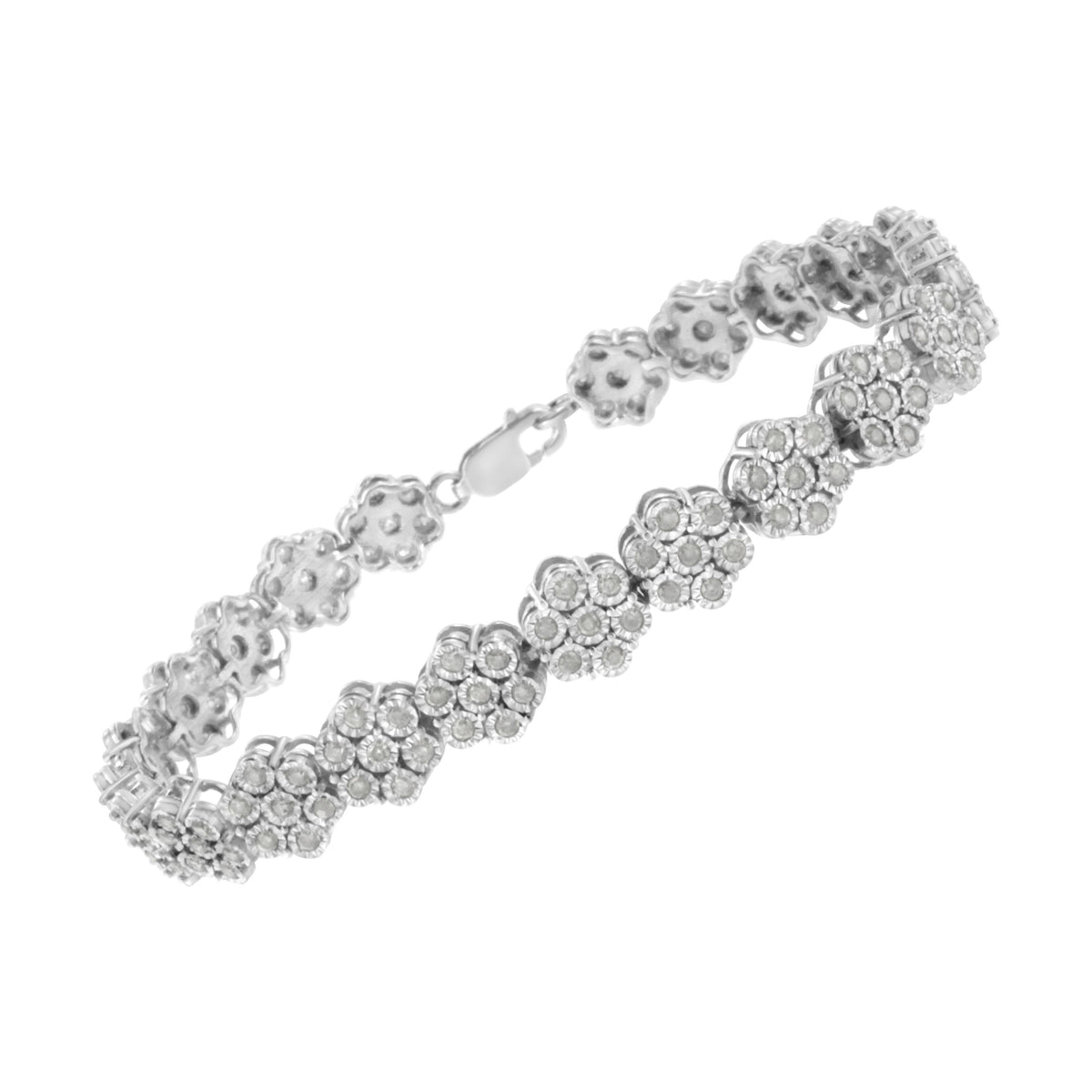 .925 Sterling Silver 2.0 cttw Diamond 7 Stone Floral Cluster Link Bracelet (I-J Color, I3 Clarity) -7.25