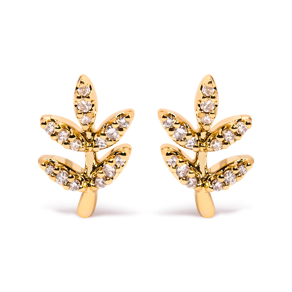10K Yellow Gold 1/10 Cttw Diamond Accented Leaf and Branch Stud Earrings (H-I Color, I1-I2 Clarity)