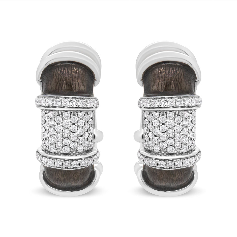 18K White Gold Flash Plated .925 Sterling Silver Clear Graphite Grey Enamel 5/8 Cttw Round Diamonds Huggie Hoop Earrings (F-G Color, VS1-VS2 Clarity)
