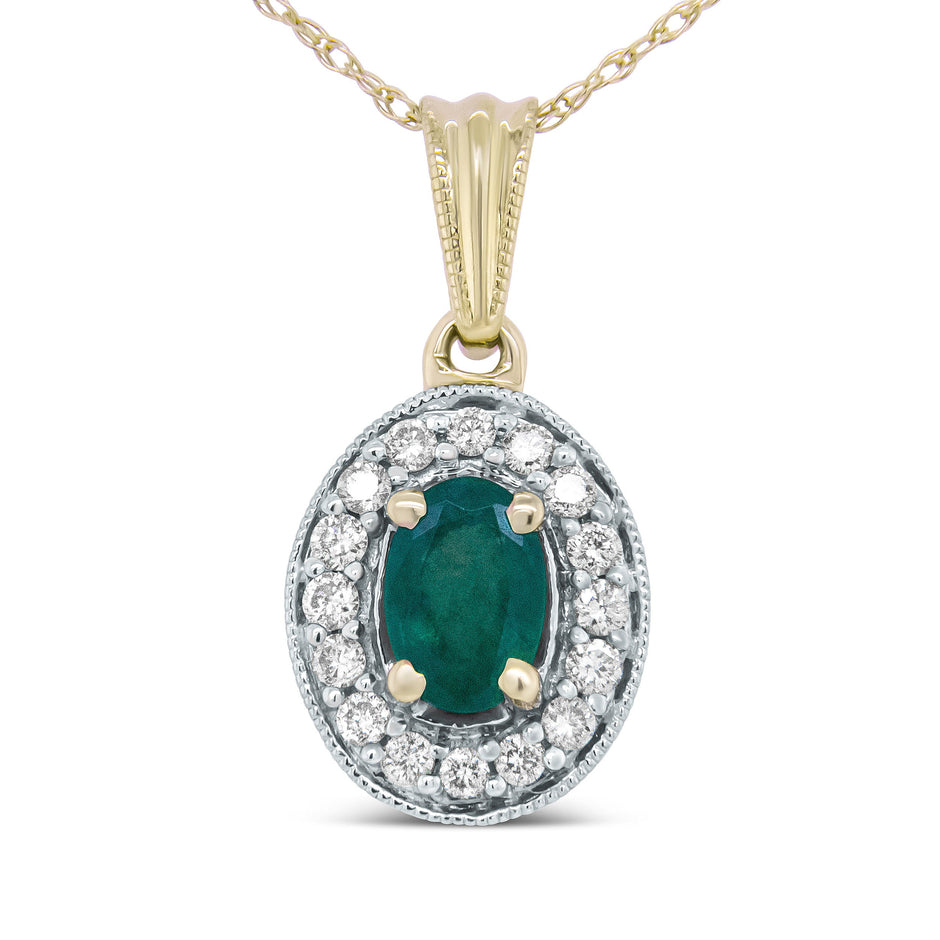 14K Yellow Gold 6x4mm Emerald and 1/5 Cttw Round Diamond Halo Pendant 18