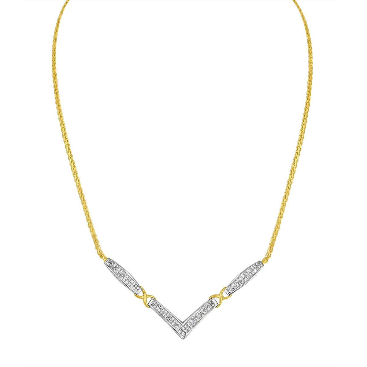 14K Yellow and White Gold 2.0 Cttw Princess Cut Diamond Flared and X-Station V Shaped 18â€ Franco Chain Statement Necklace (H-I Color, SI2-I1 Clarity)
