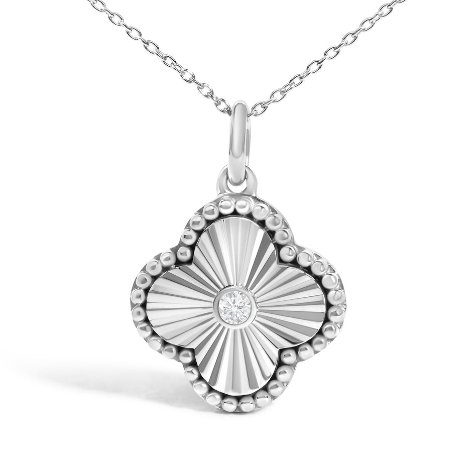 10K White Gold Diamond Accent Clover Fluted Pendant Necklace