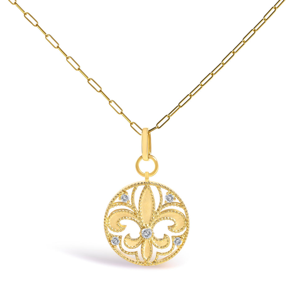 14K Yellow Gold 1/4 Cttw Round Diamond Openwork Fleur de Lis Medallion Pendant Necklace