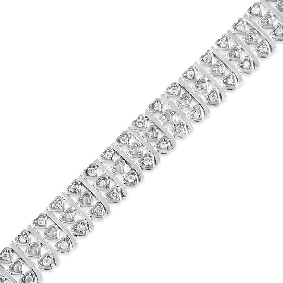 .925 Sterling Silver 1.00 Cttw Diamond Multi Row Heart Link Bracelet (H-I Color, I1-I2 Clarity) - 7.25