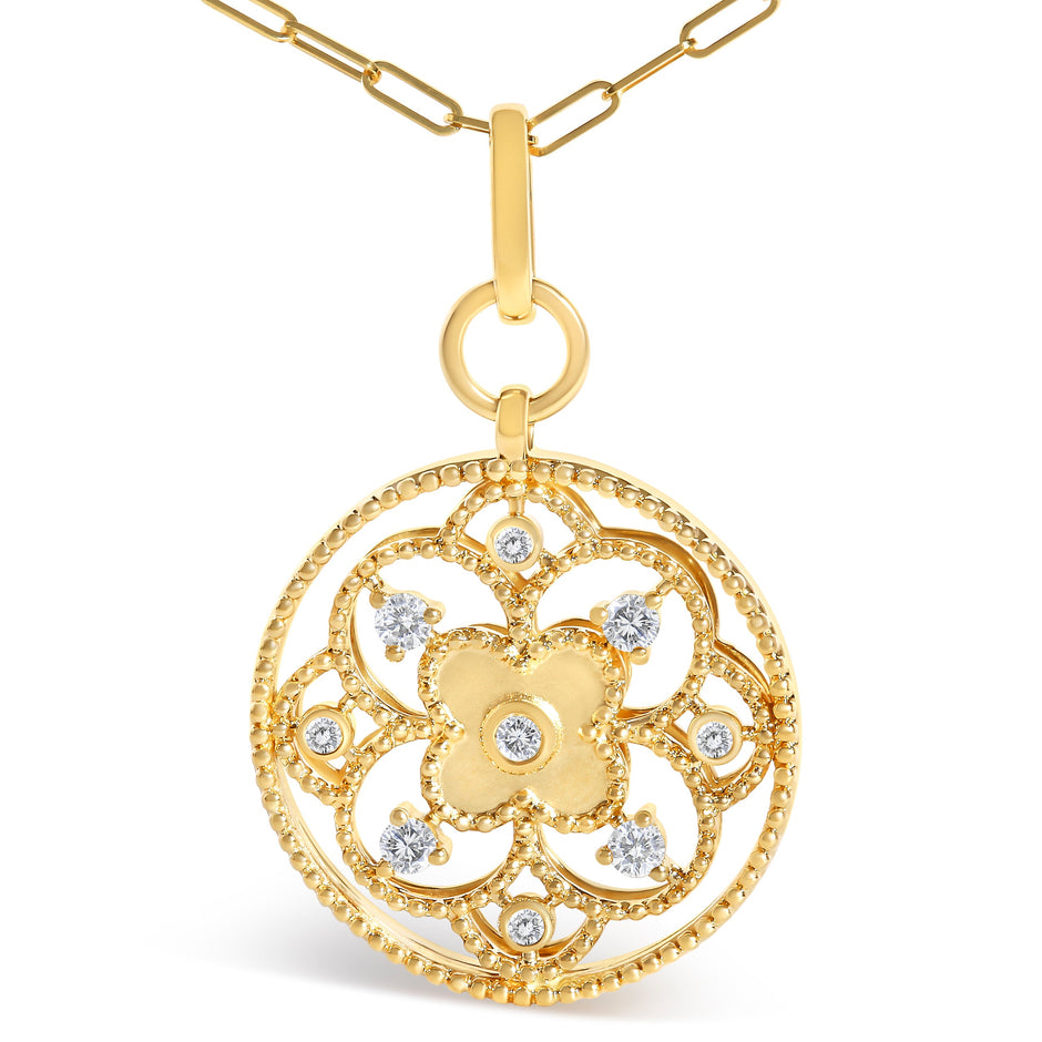 14K Yellow Gold 1/4 Cttw Diamond Filigree Flower Medallion Pendant Necklace