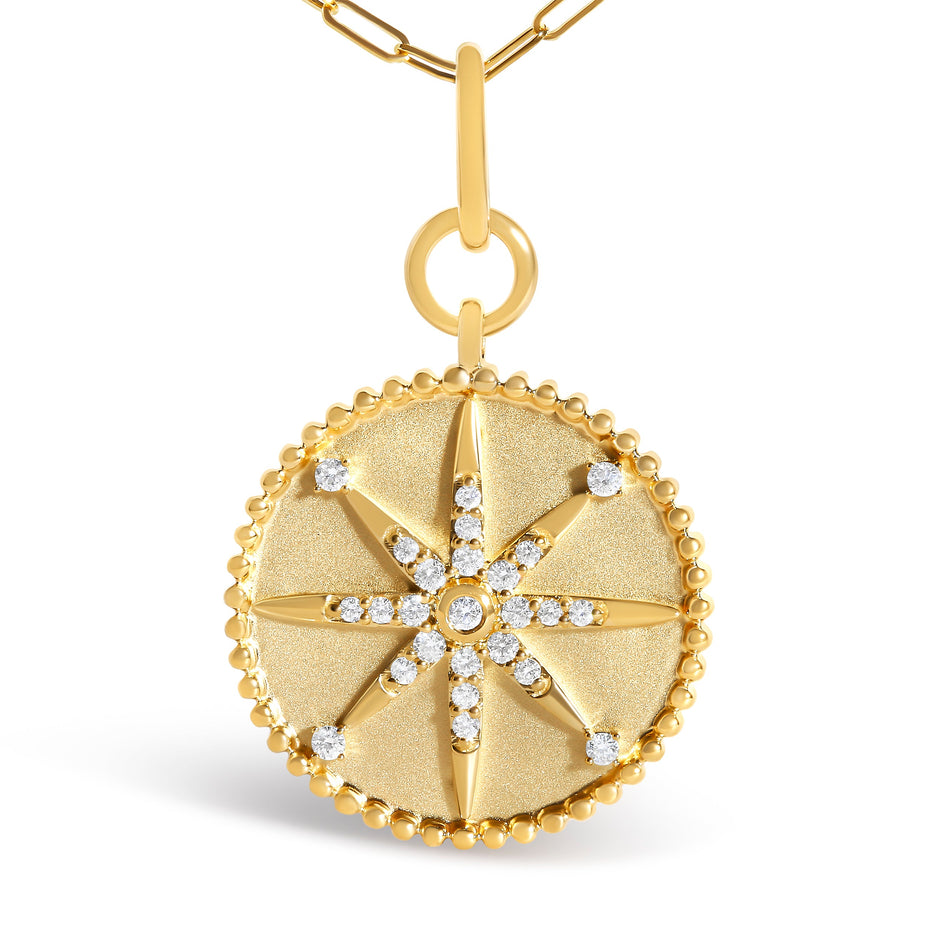 14K Yellow Gold 1/4 Cttw Diamond Compass Medallion Pendant Necklace