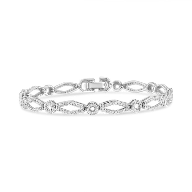 .925 Sterling Silver 1 1/2 Cttw Diamond Studded Alternating Circle and Kite-Shaped Vintage-Style Link Bracelet (I-J Color, I2-I3 Clarity) 7 Inch - Bracelets - Custom Crafting Alliance, LLC