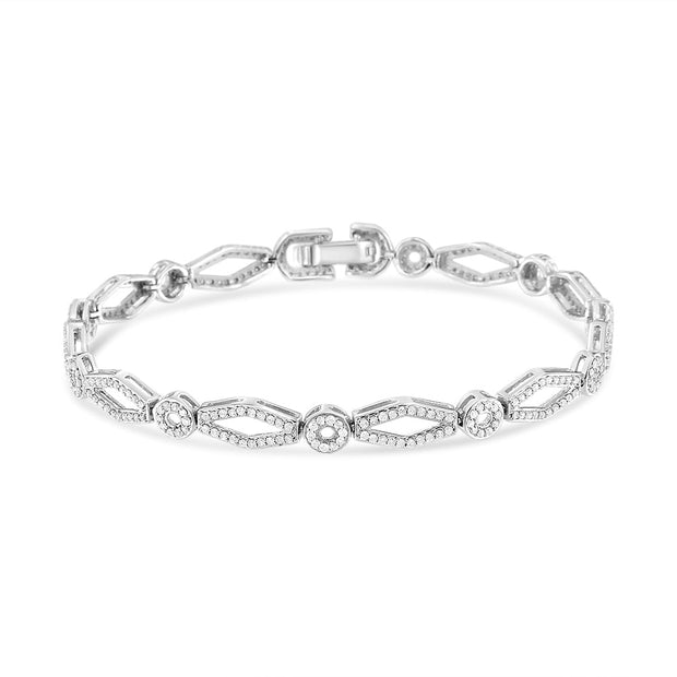 .925 Sterling Silver 1 1/2 Cttw Diamond Studded Alternating Circle and Kite-Shaped Vintage-Style Link Bracelet (I-J Color, I2-I3 Clarity) 7 Inch - Bracelets - Custom Crafting Alliance, LLC
