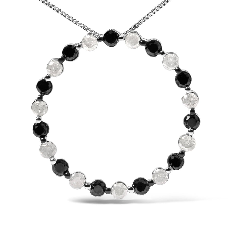 .925 Sterling Silver 1 3/4 Cttw Alternating Black and White Diamond Open Circle Hoop Pendant Necklace (H-I Color, I2-I3 Clarity) - 18