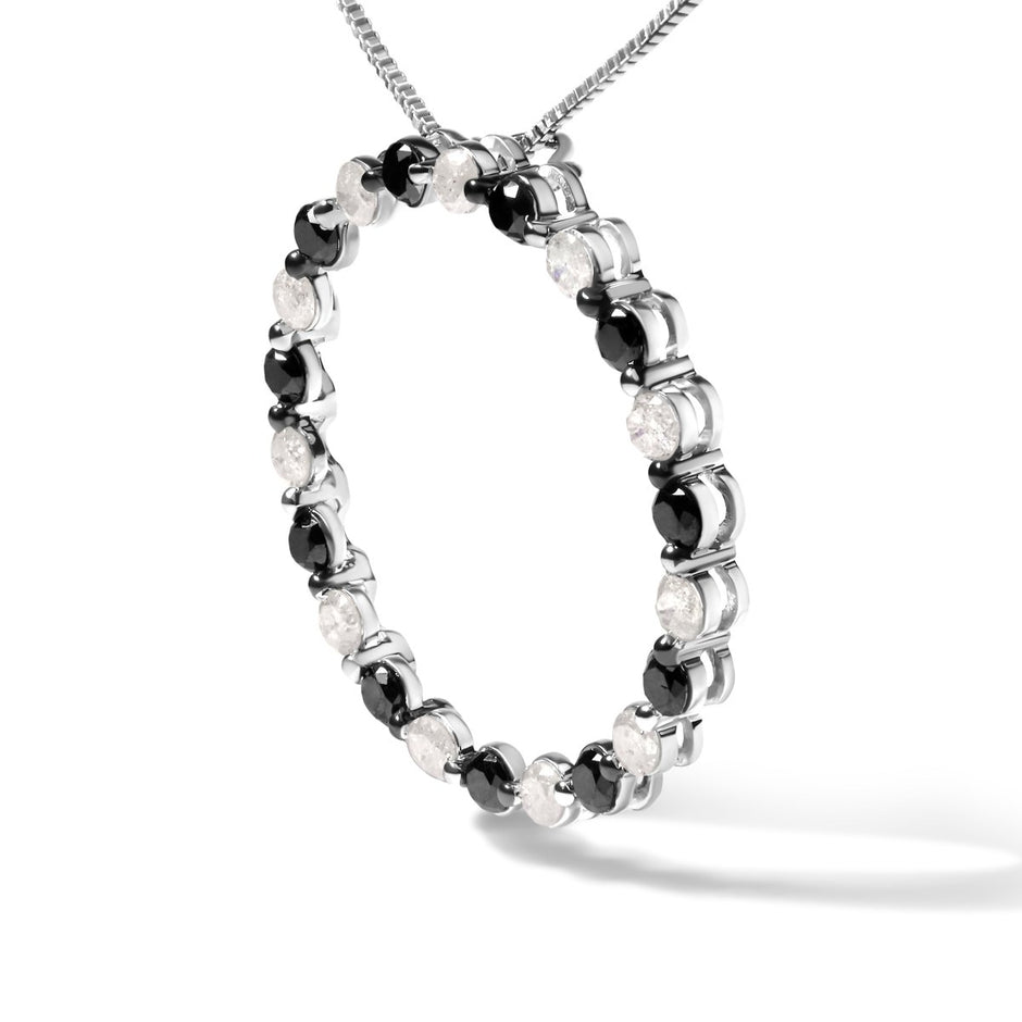 .925 Sterling Silver 1 3/4 Cttw Alternating Black and White Diamond Open Circle Hoop Pendant Necklace (H-I Color, I2-I3 Clarity) - 18
