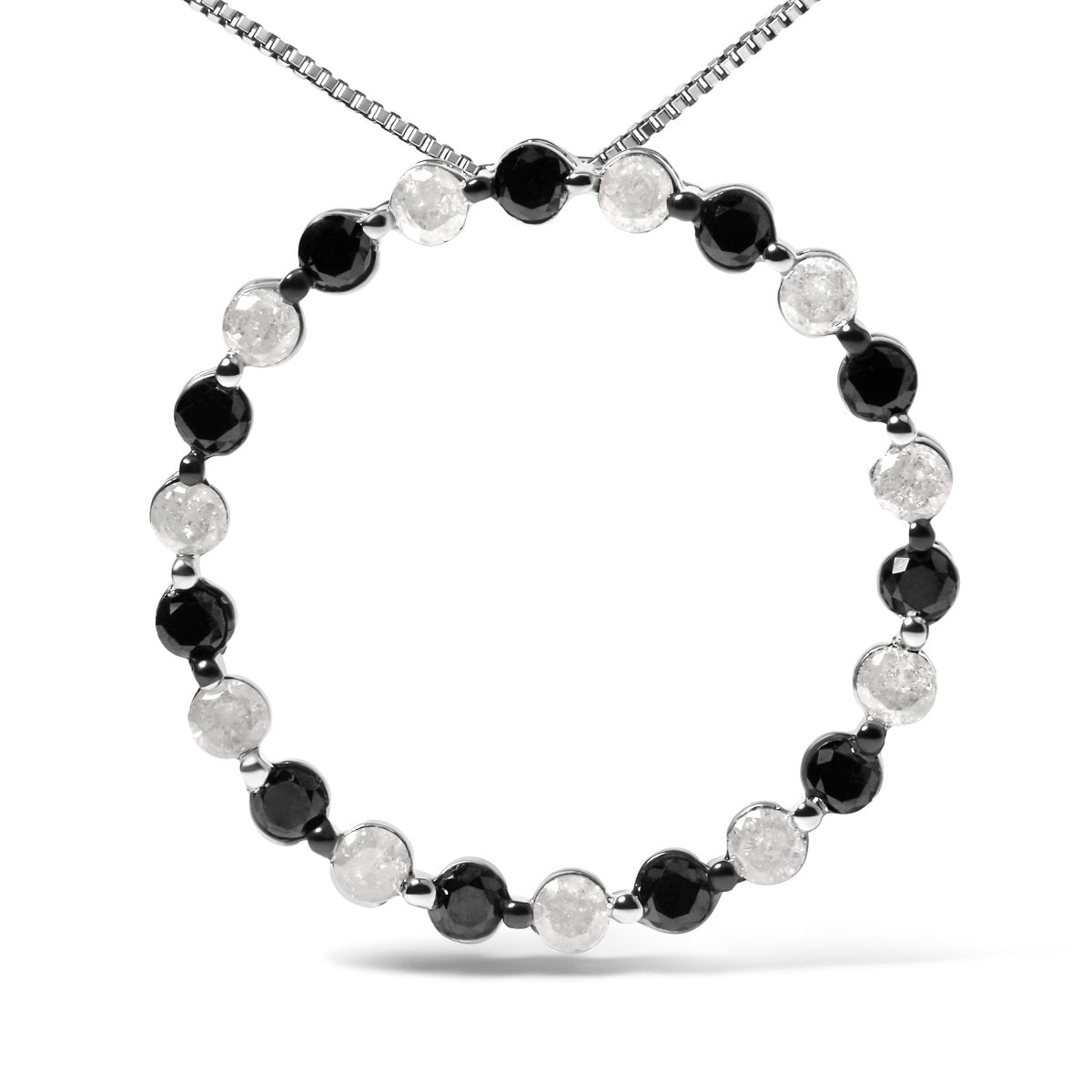 .925 Sterling Silver 1 3/4 Cttw Alternating Black and White Diamond Open Circle Hoop Pendant Necklace (H-I Color, I2-I3 Clarity) - 18