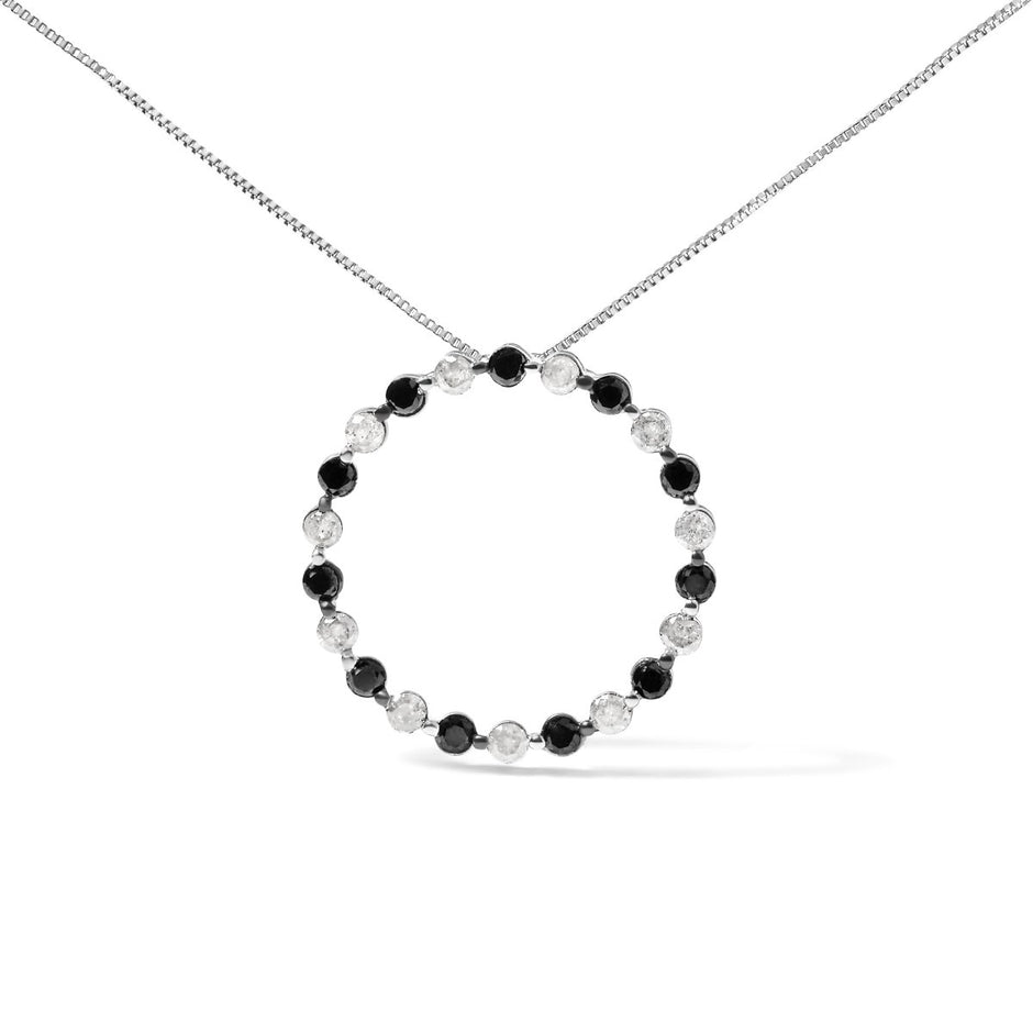 .925 Sterling Silver 1 3/4 Cttw Alternating Black and White Diamond Open Circle Hoop Pendant Necklace (H-I Color, I2-I3 Clarity) - 18" Inches - Necklaces - Custom Crafting Alliance, LLC