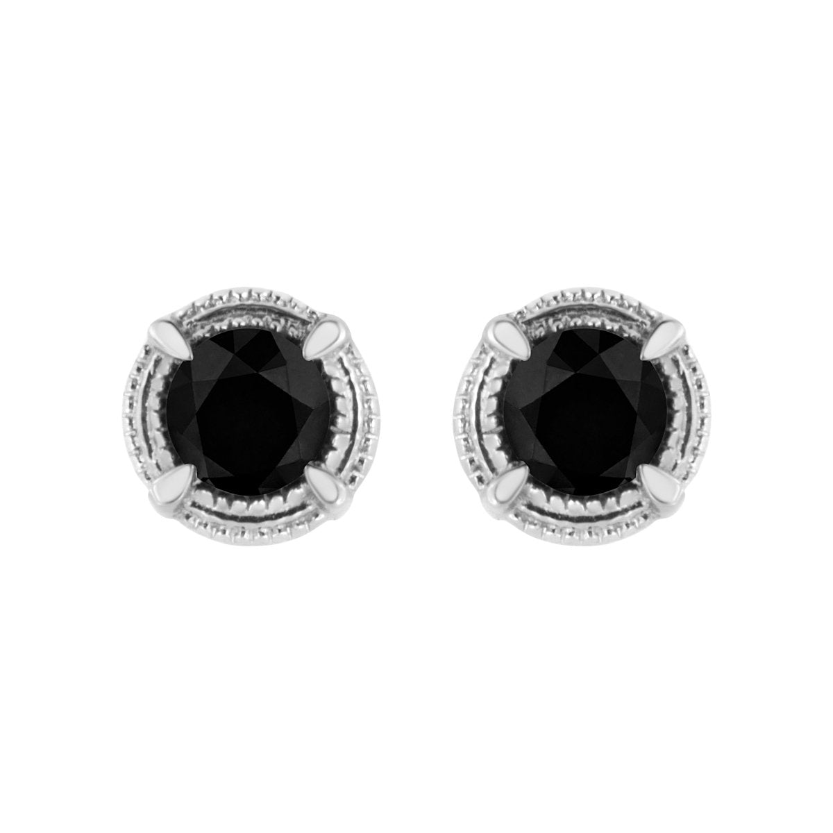 .925 Sterling Silver 1 cttw Treated Black Diamond Modern 4-Prong Solitaire Milgrain Stud Earrings (Black Color, I1-I2 Clarity) - Earrings - Custom Crafting Alliance, LLC