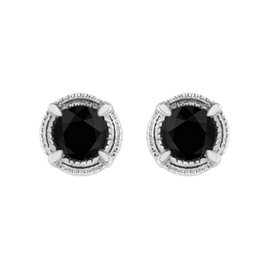 .925 Sterling Silver 1 cttw Treated Black Diamond Modern 4-Prong Solitaire Milgrain Stud Earrings (Black Color, I1-I2 Clarity) - Earrings - Custom Crafting Alliance, LLC